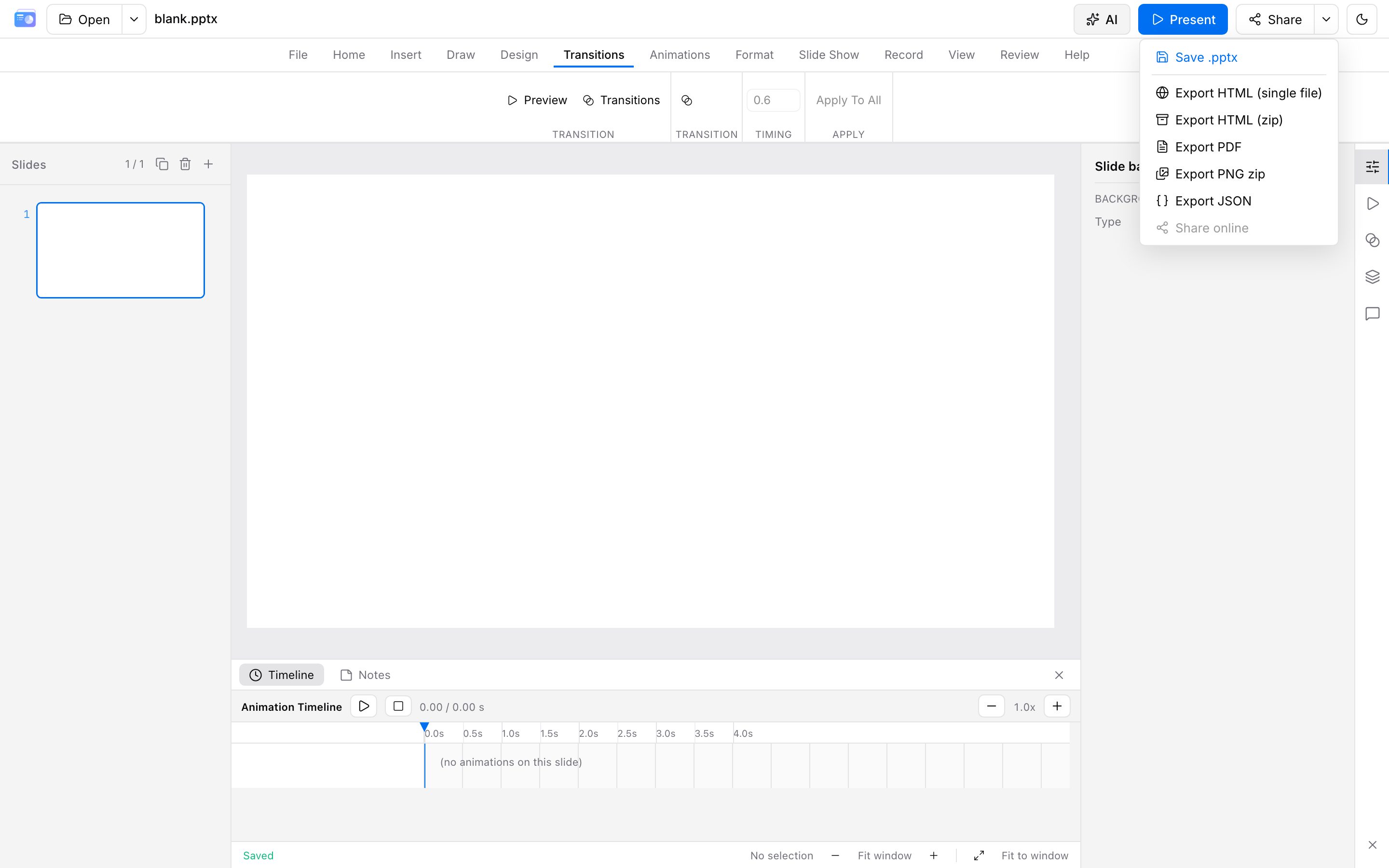 导出菜单：保存 .pptx，以及 HTML、HTML zip、PDF、PNG zip、JSON。